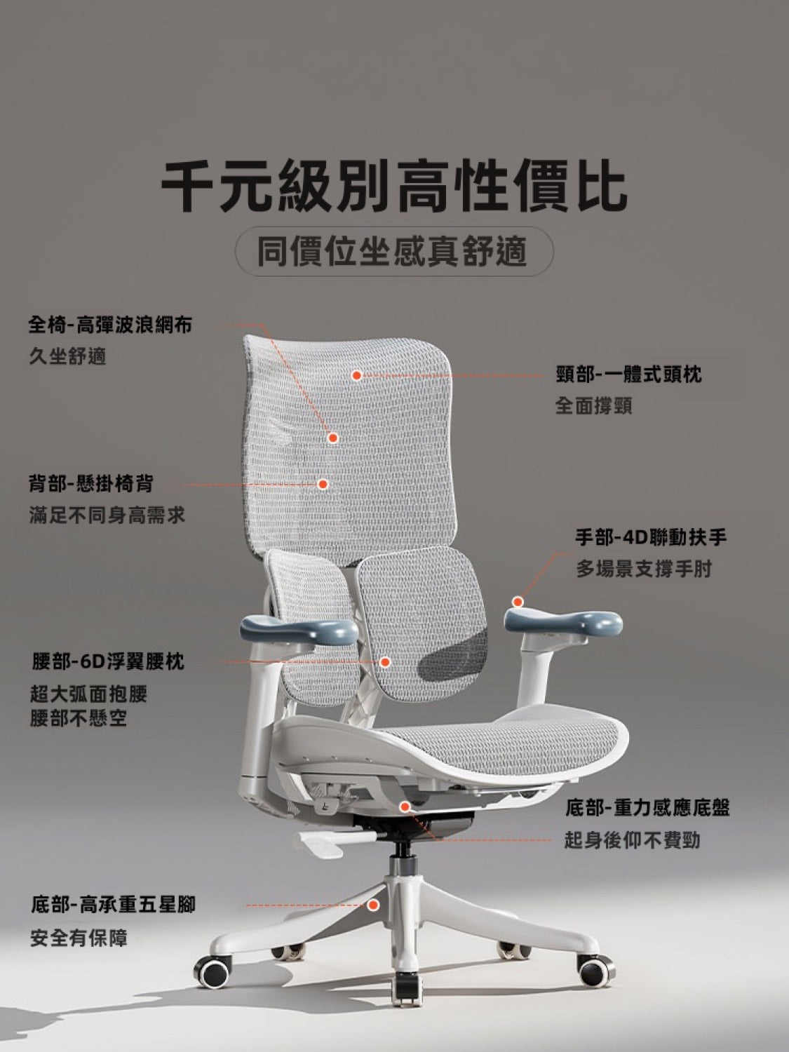 懸浮椅背，背部更易放鬆